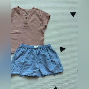 Easy Peasy|Baby girl/toddler tan waffle knit Top & Blue denim skirt•••Size 2/3T